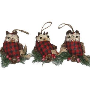 Country Owl Christmas Tree Ornaments Lot Of 3 Buffalo Plaid Red Black Burlap Bow